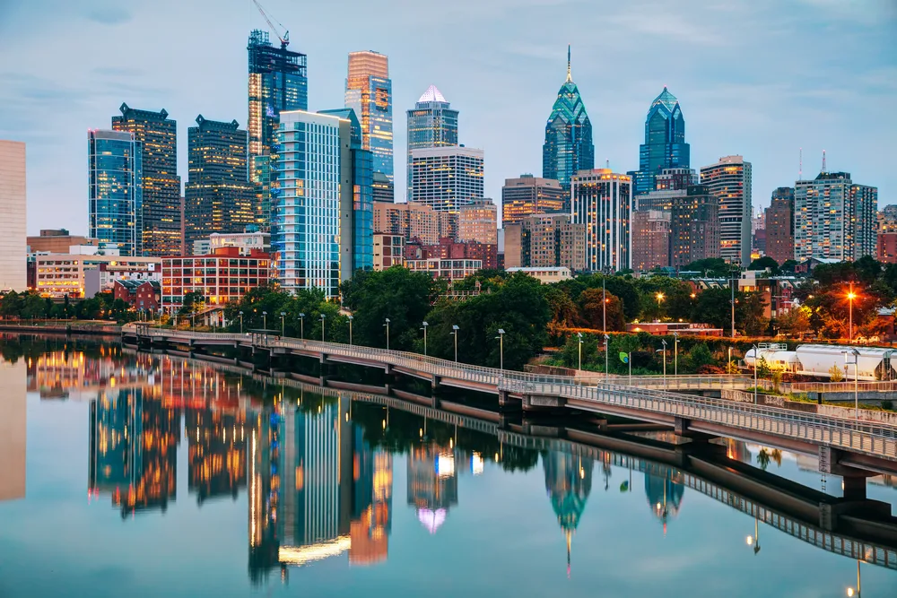 Downtown Philly skyline pictured for a piece on the best day trips from New York City