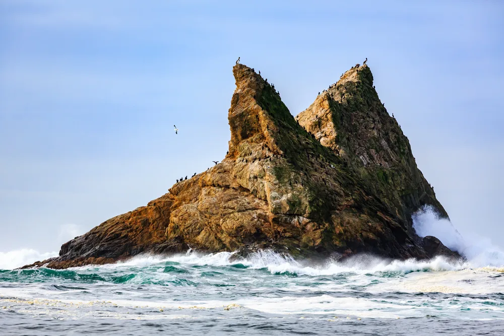 Giant rock formations of the Farallon Islands sticking up out of the water for a piece on the best places to visit in the Bay Area