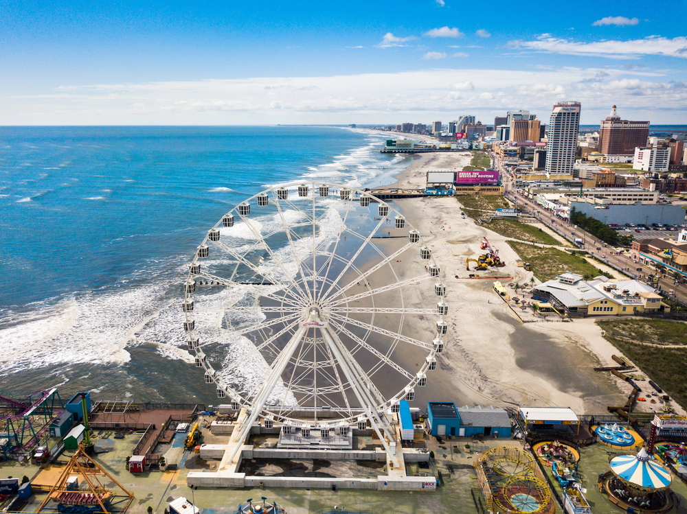 Atlantic City boardwalk and Ferris Wheel seen from the air on a clear day