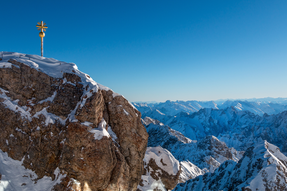 View of a marker placed on the highest area in the Zugspitze mountains