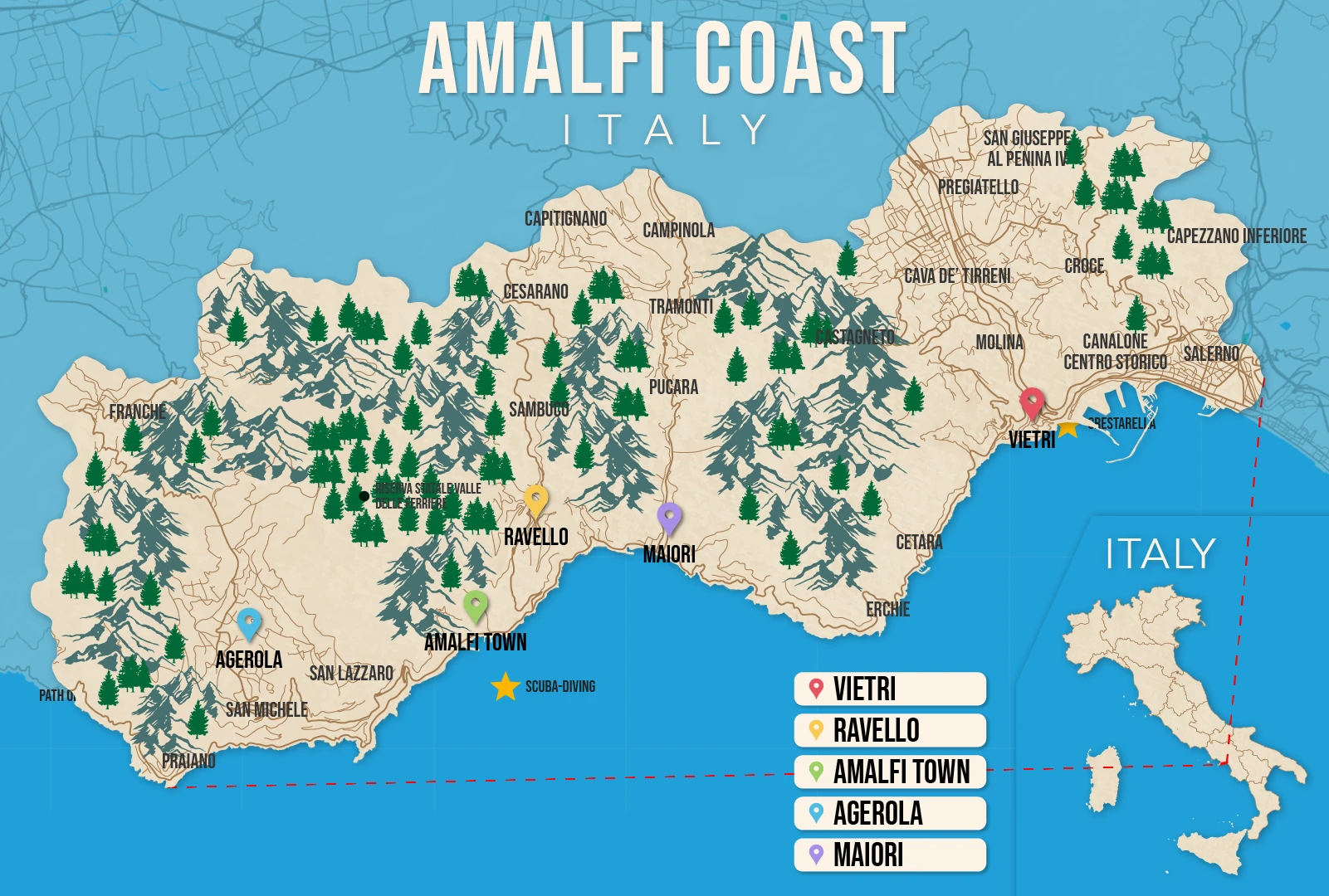 Where to Stay in the Amalfi Coast map in vector format featuring the best areas of town