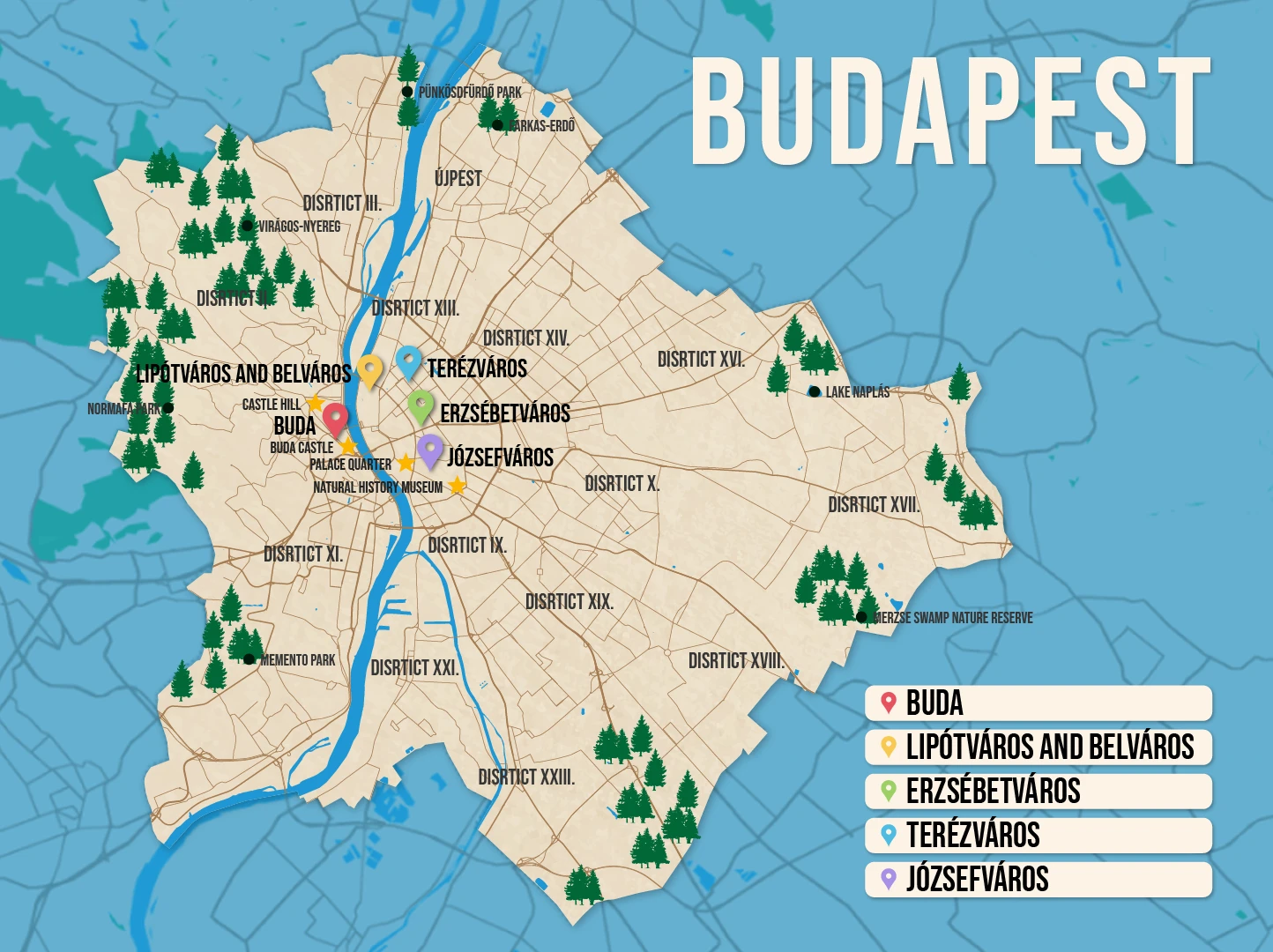 Vector map of Budapest pictured with several of the best places to stay and attractions to visit