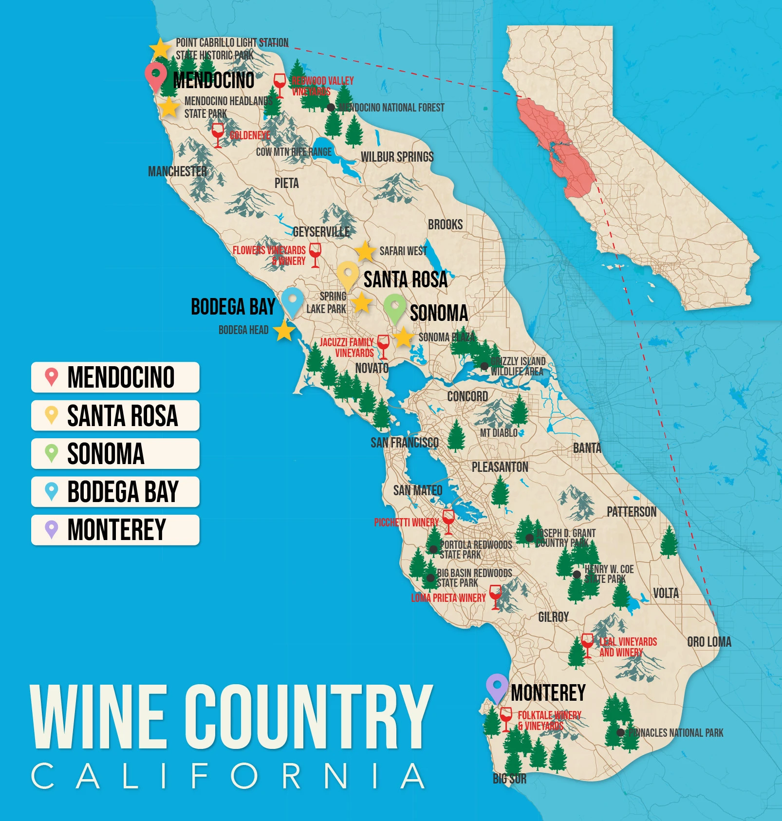 Where to Stay in California Wine Country map in vector format featuring the best areas of town