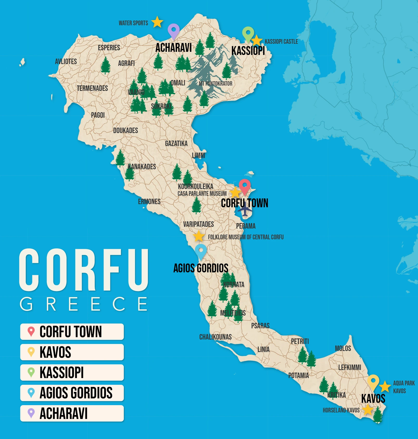 Where to Stay in Corfu map in vector format featuring the best areas of town