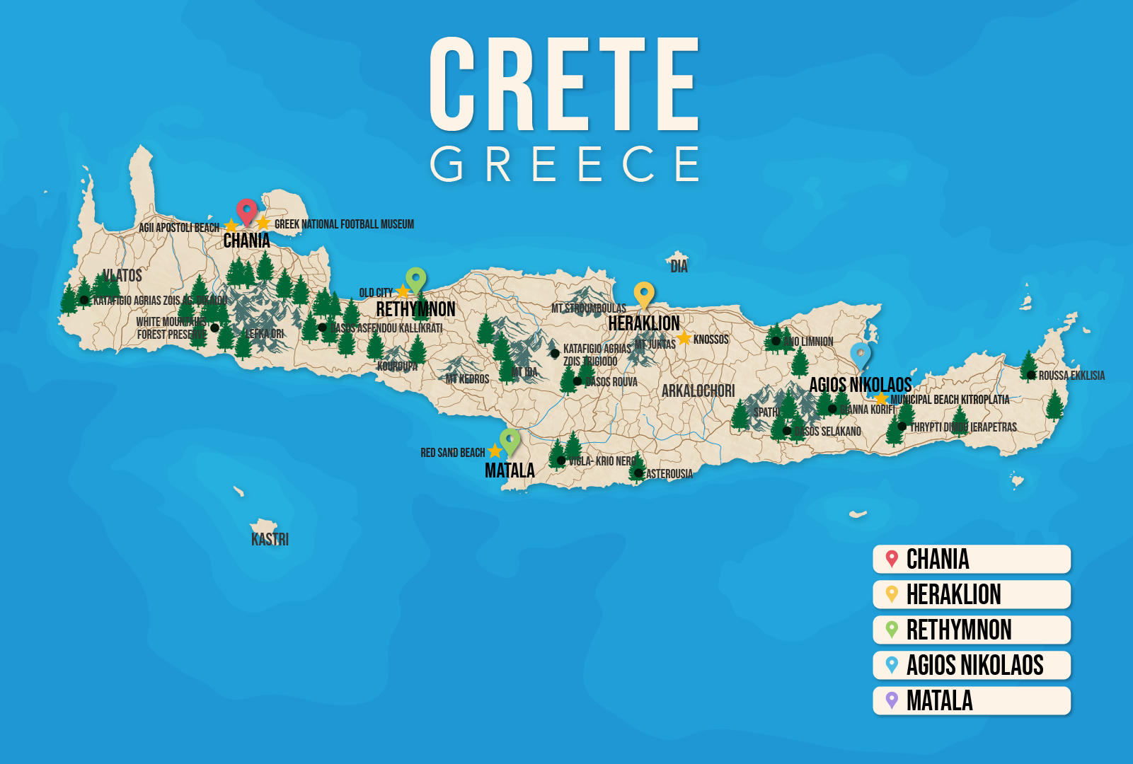 Vector map of Crete pictured with several of the best places to stay and attractions to visit