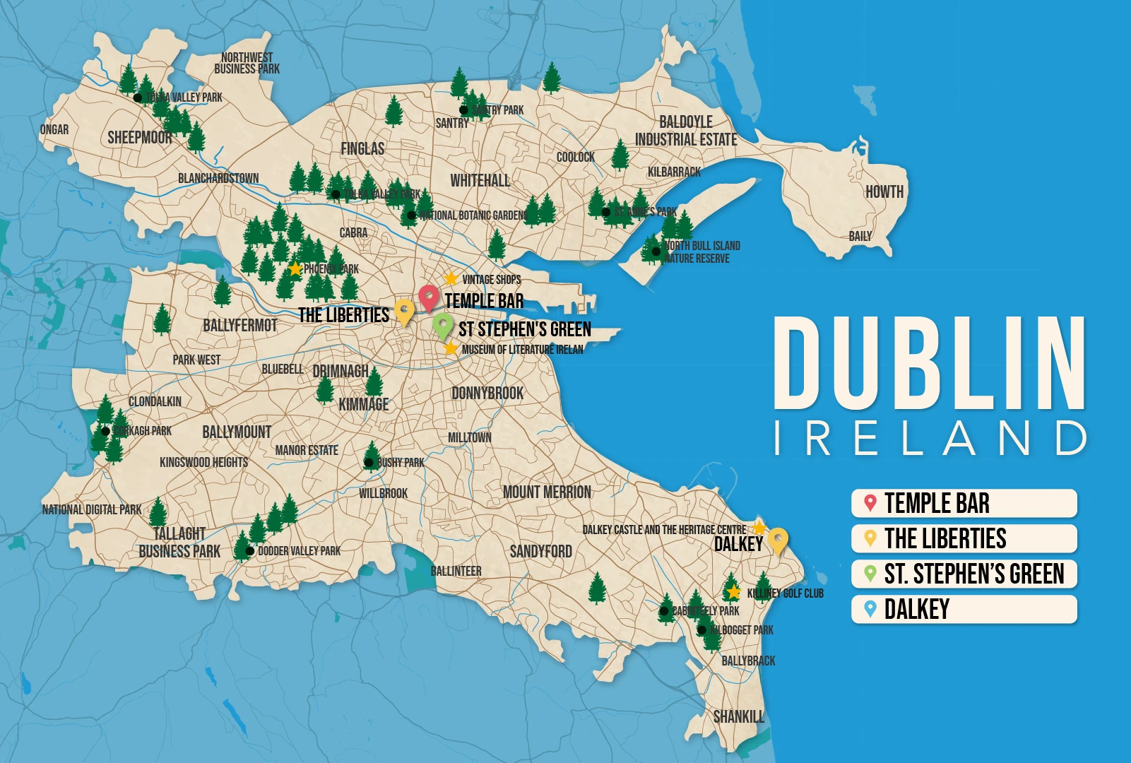 Where to Stay in Dublin map in vector format featuring the best areas of town