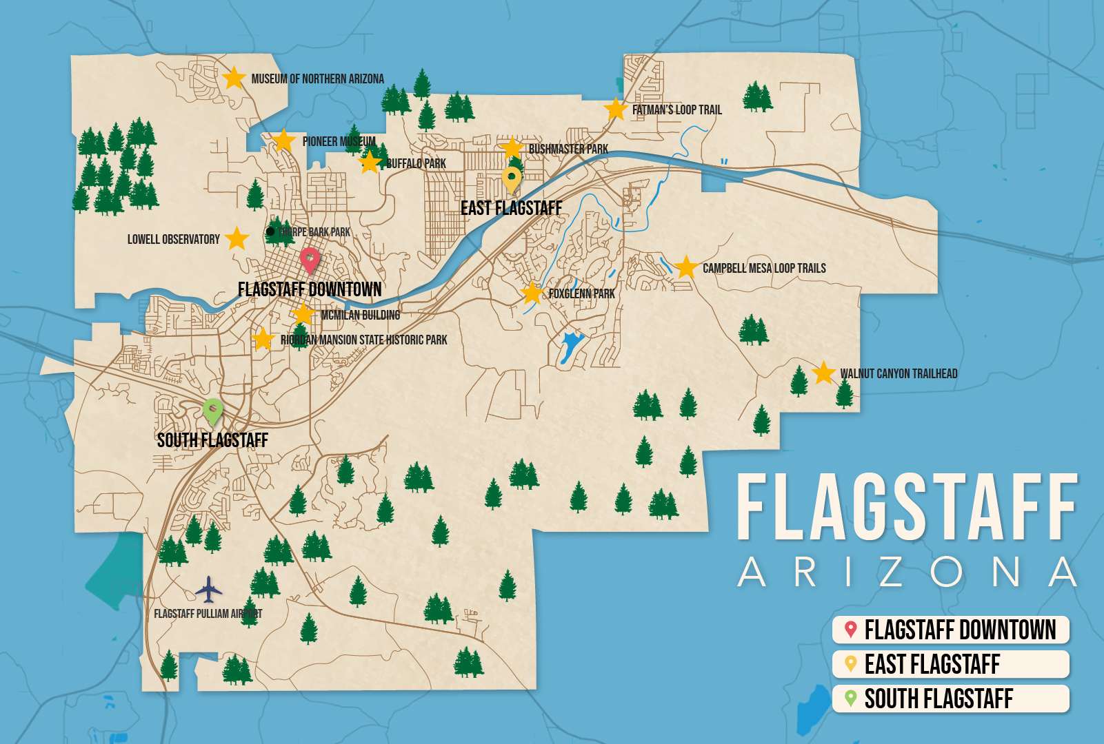 Where to Stay in Flagstaff map in vector format featuring the best areas of town