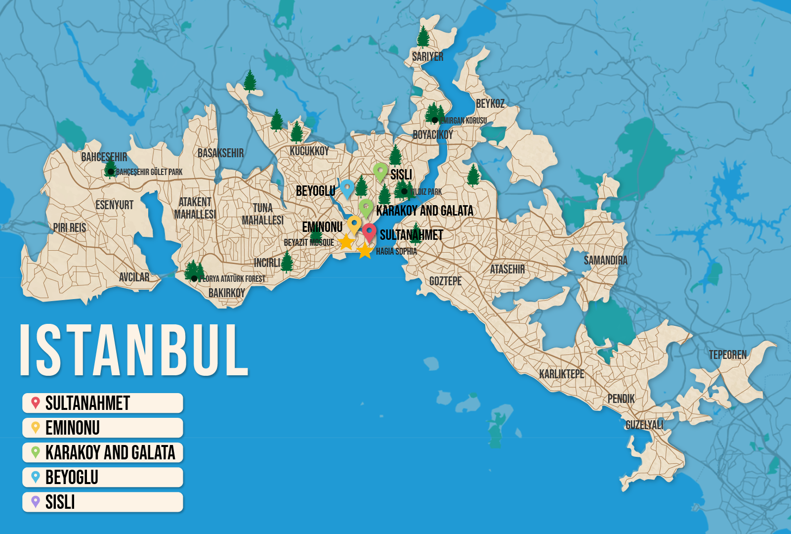 Where to Stay in Istanbul map in vector format featuring the best areas of town