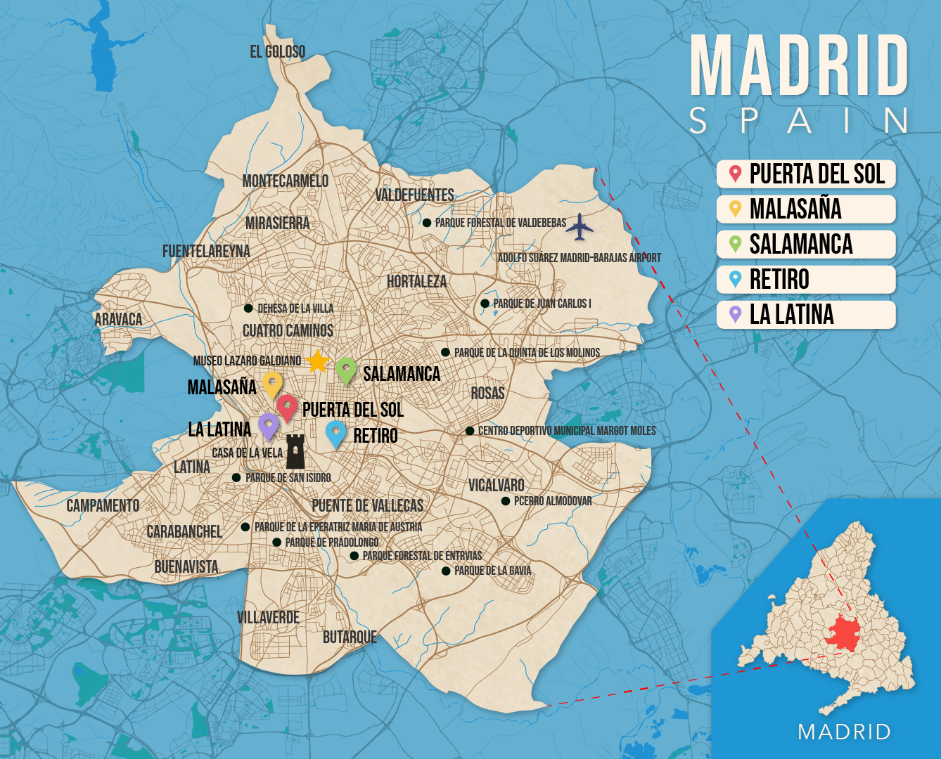 Where to Stay in Madrid map in vector format featuring the best areas of town
