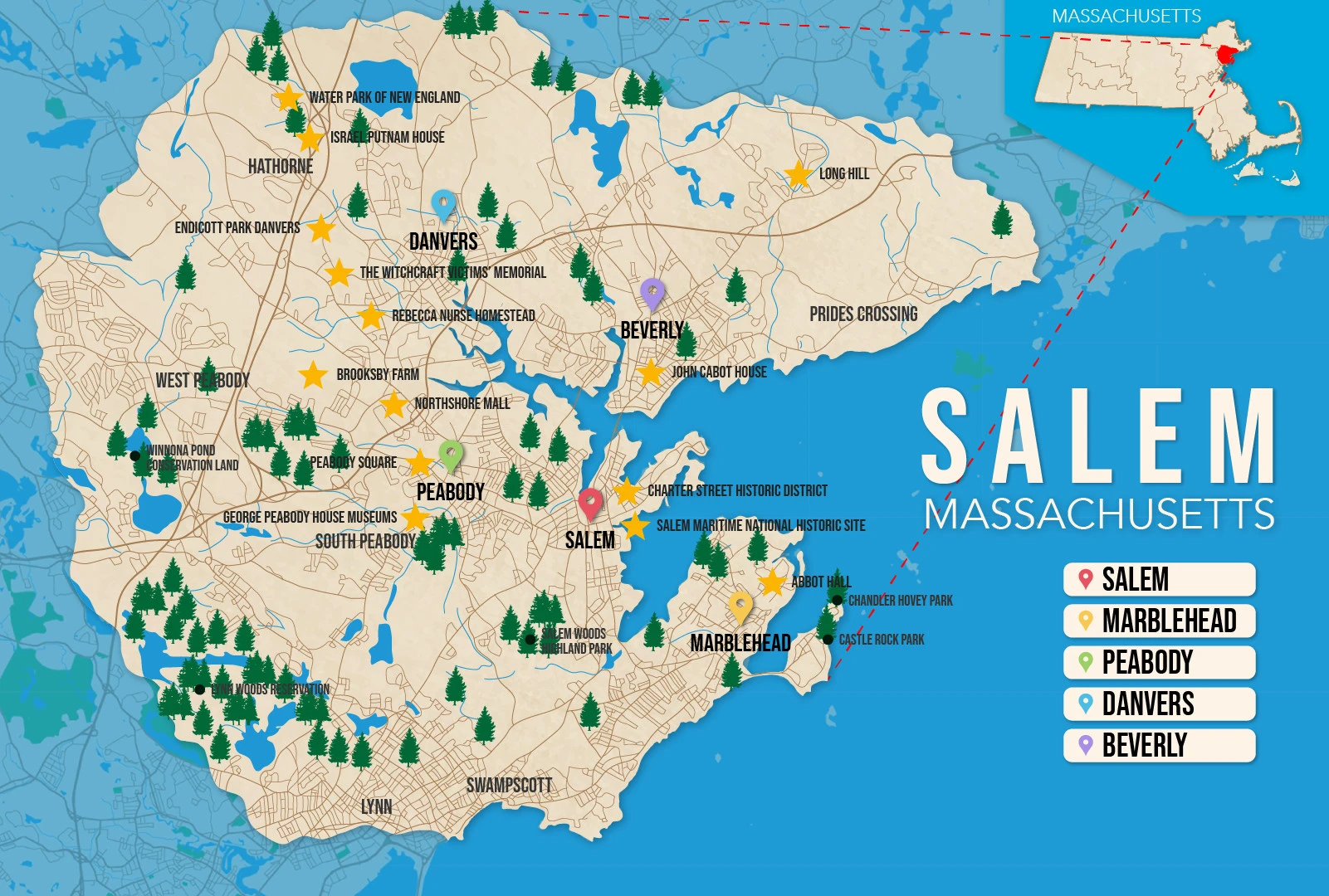 Where to Stay in the Salem MA map in vector format featuring the best areas of town