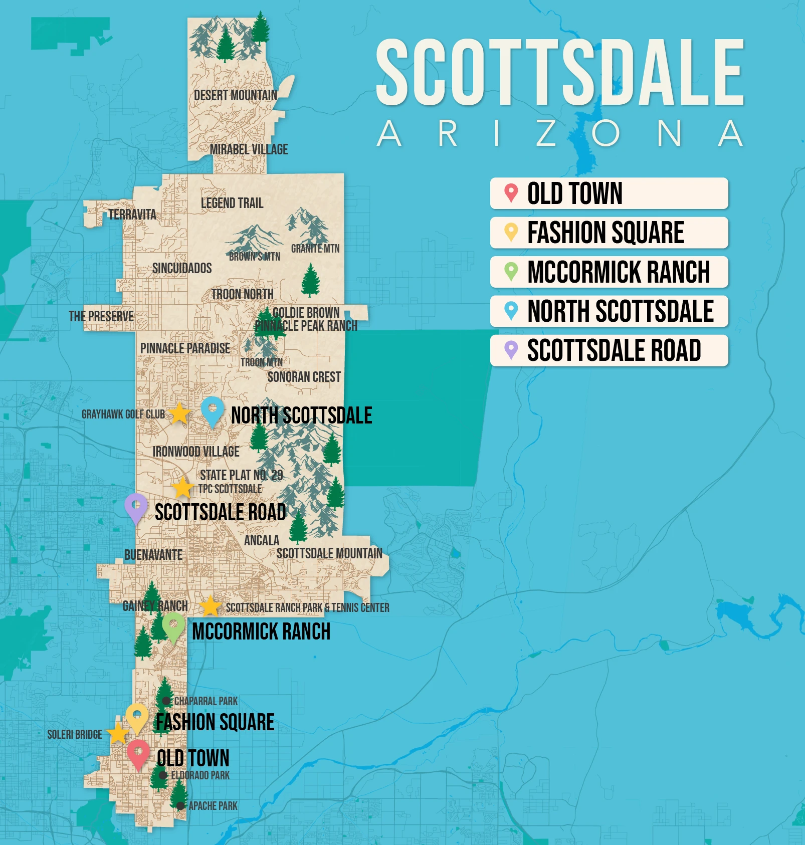 Where to Stay in Scottsdale map in vector format featuring the best areas of town