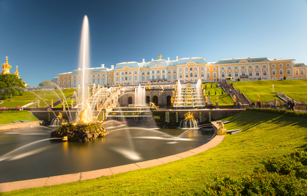 To illustrate whether or not Russia is safe to visit, Grand Cascade pictured with a giant fountain in Pertergof, St. Petersburg