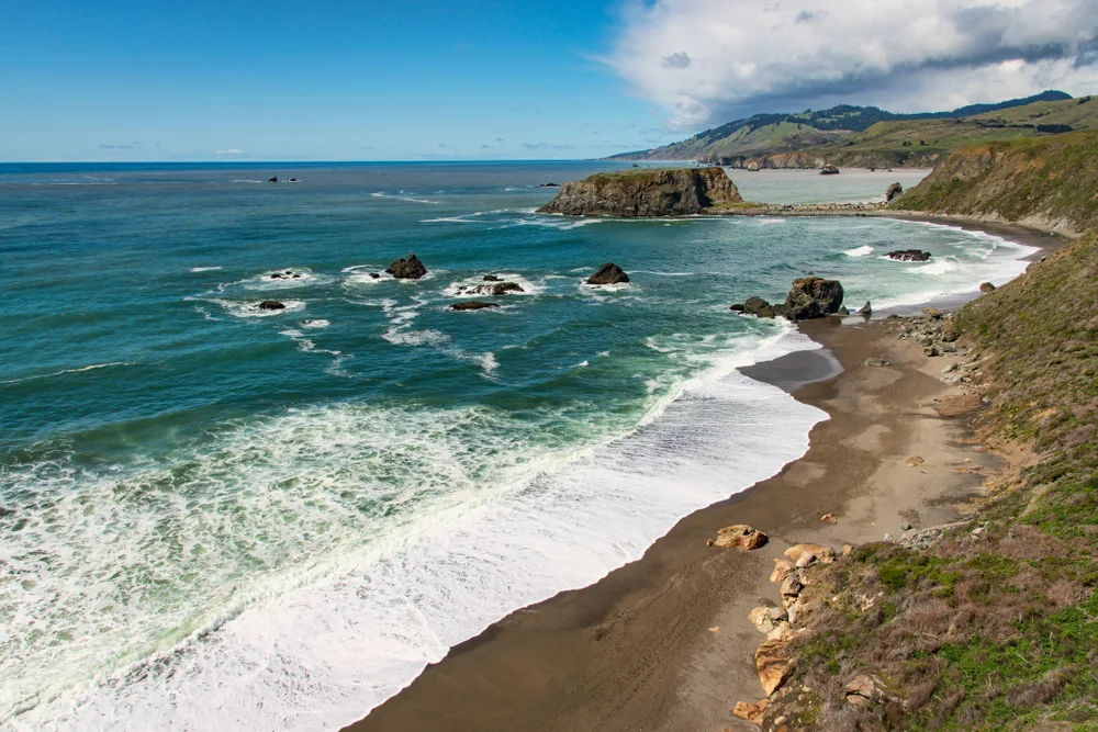 Goat Rock Beach in Sonoma Coast State Park in Northern California, one of the best beaches in the state of California, shown with waves crashing on a nice day