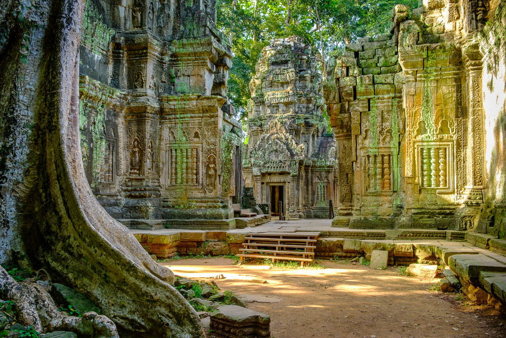 Pictured during the least busy time to visit Cambodia, the Ta Prohm temple is seen in the morning light with moss on the giant rock sculptures
