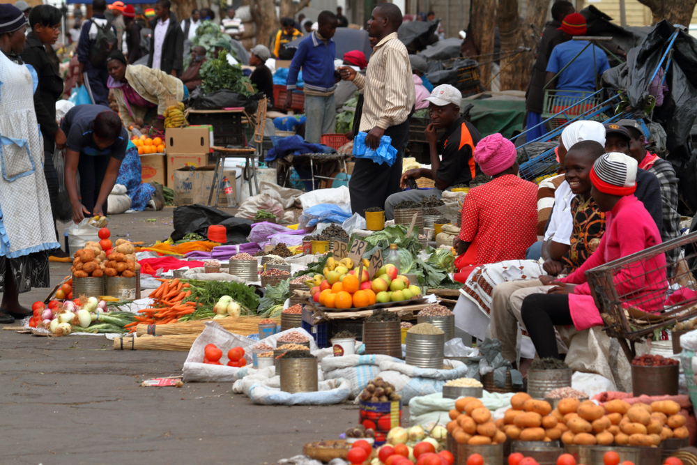 Photo of a small village in Zimbabwe pictured during the overall best time to go with people shopping for spices and other goods