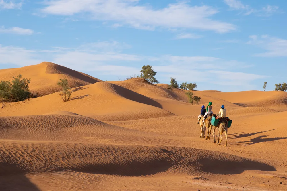 Nomads riding camels into the Sahara Desert in the Mali interior show the cheapest time to visit Mali in October and November
