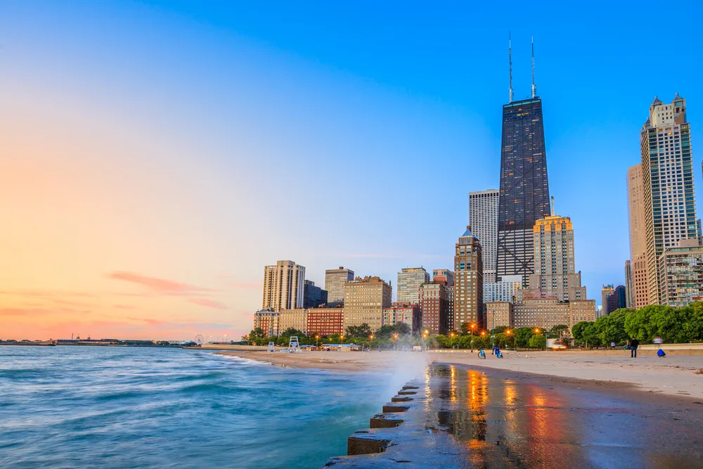 Skyline of Lake Michigan pictured with its idyllic beach next to the water