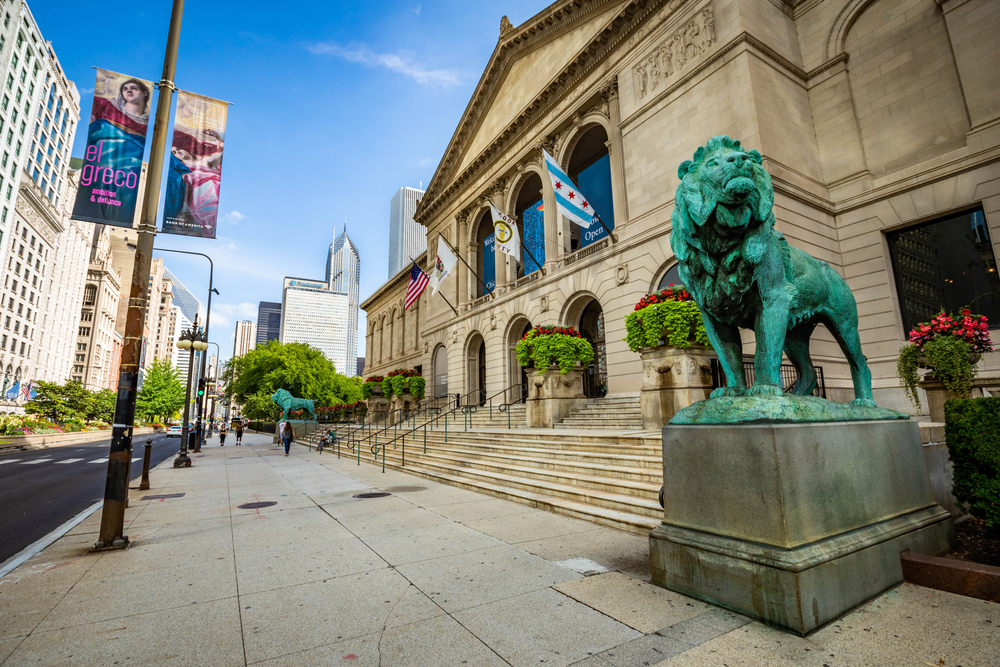 Lions at the entrance to the Art Institute of Chicago, one of Chicago's best places to visit