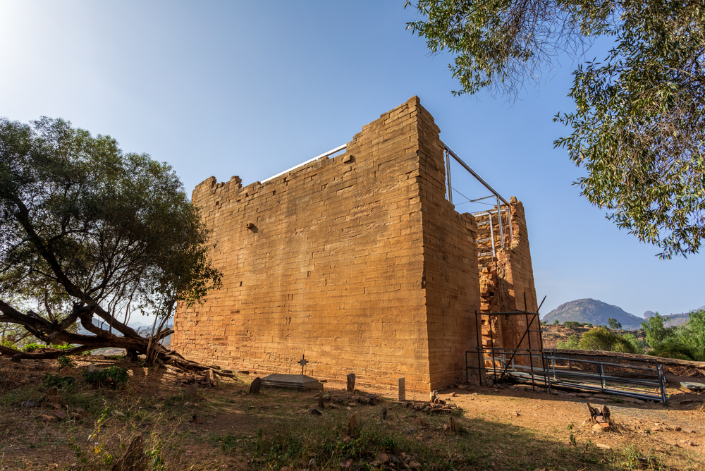 7th century BC ruins of the Temple of Yeha on a clear day with blue skies to show the best time to visit Ethiopia