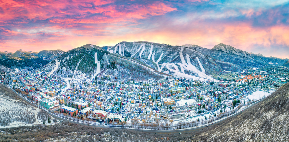 Downtown aerial view of Park City, Utah during sunset in February, one of the best times to visit this ski destination