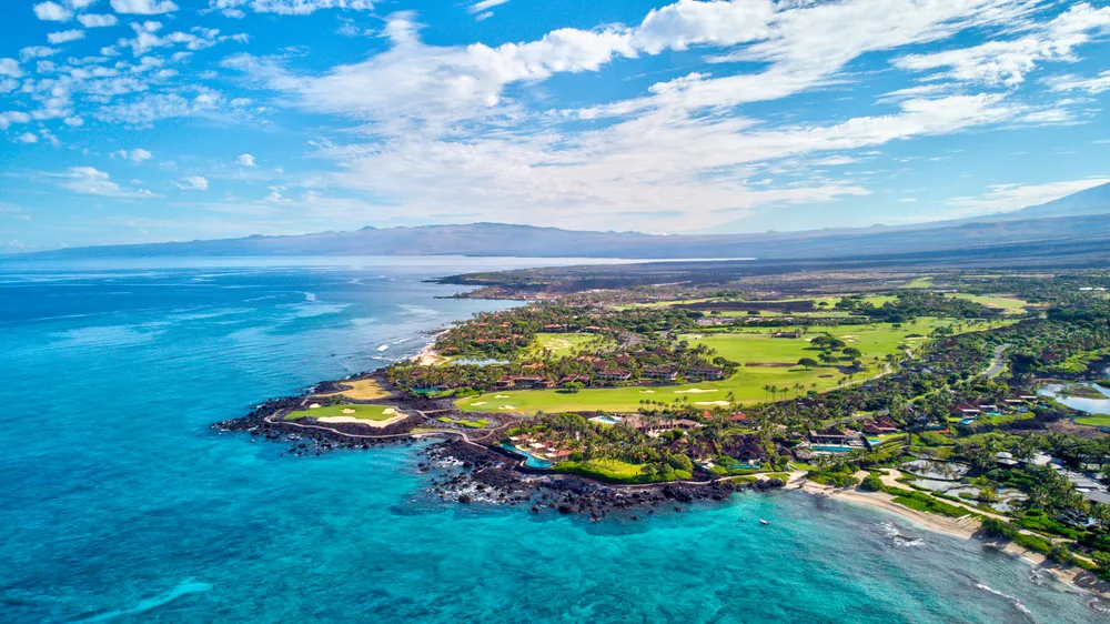 Aerial view of a sunny day on South Kohala Coast on the Big Island of Hawai'i, one of the best June vacation spots