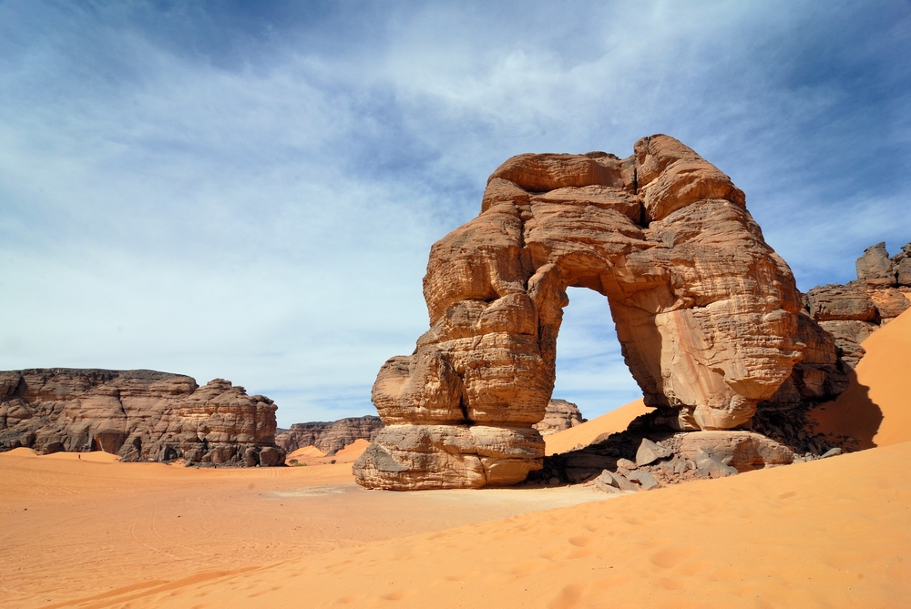 Rock formations in the Libyan Sahara Desert on a warm, clear day during the best time to visit Libya