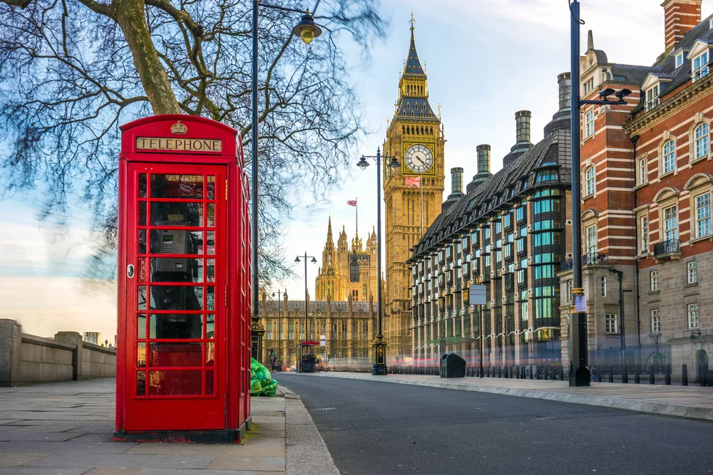 For a piece titled Is England Safe to Visit, a red phone booth sits outside Parliament and Big Ben