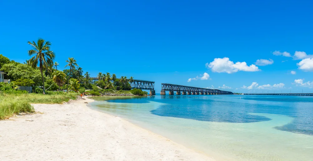 Calusa Beach in Bahia Honda State Park of Florida Keys on a blue sky day with trees and a pier to show one of the best beaches in Florida