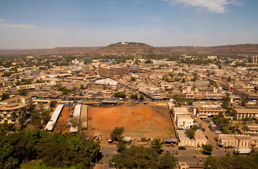 Aerial view of Bamako, the capital city of Mali during the afternoon to show one of the most dangerous places to visit in Africa
