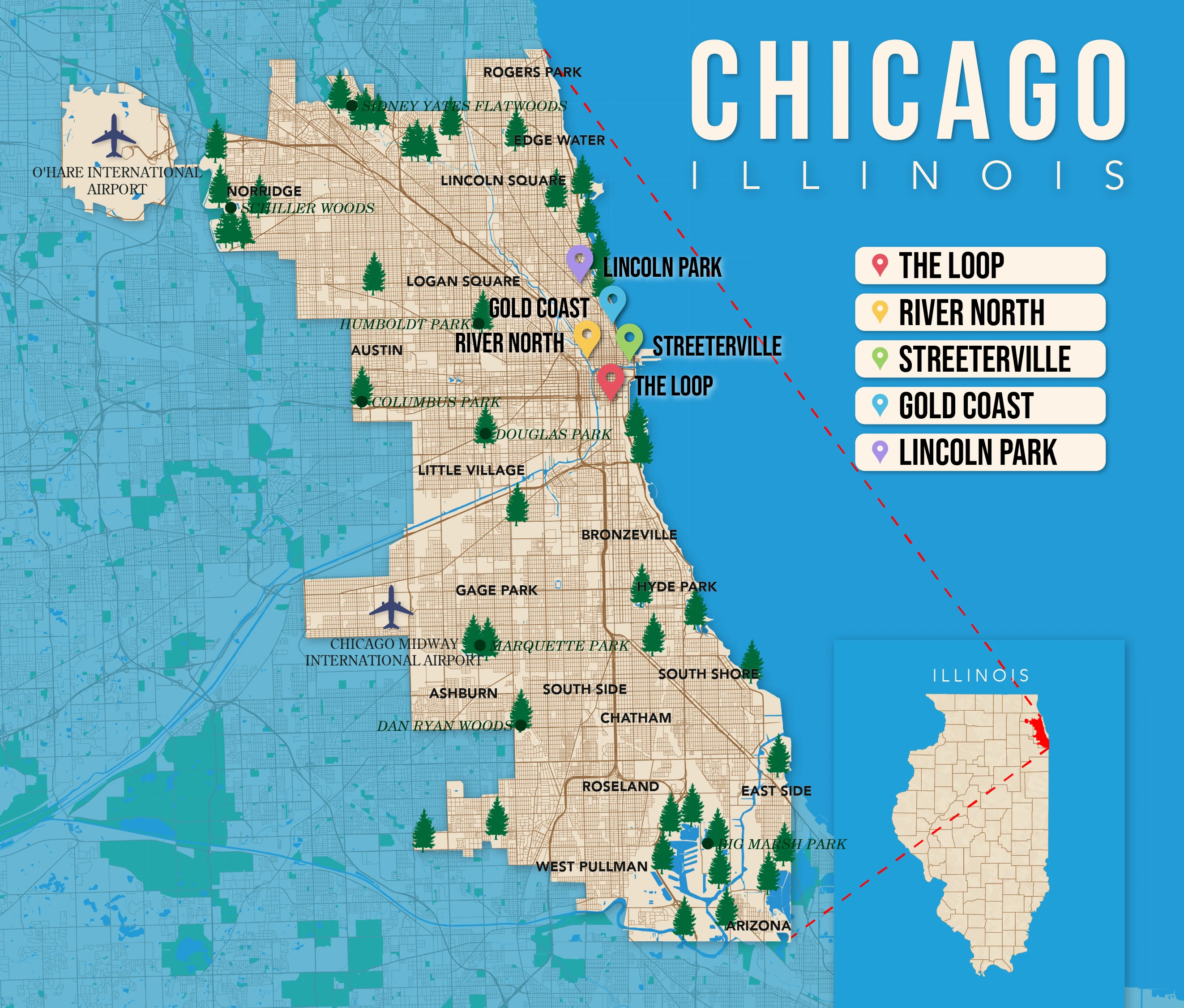 Where to Stay in Chicago map in vector format featuring the best areas of town