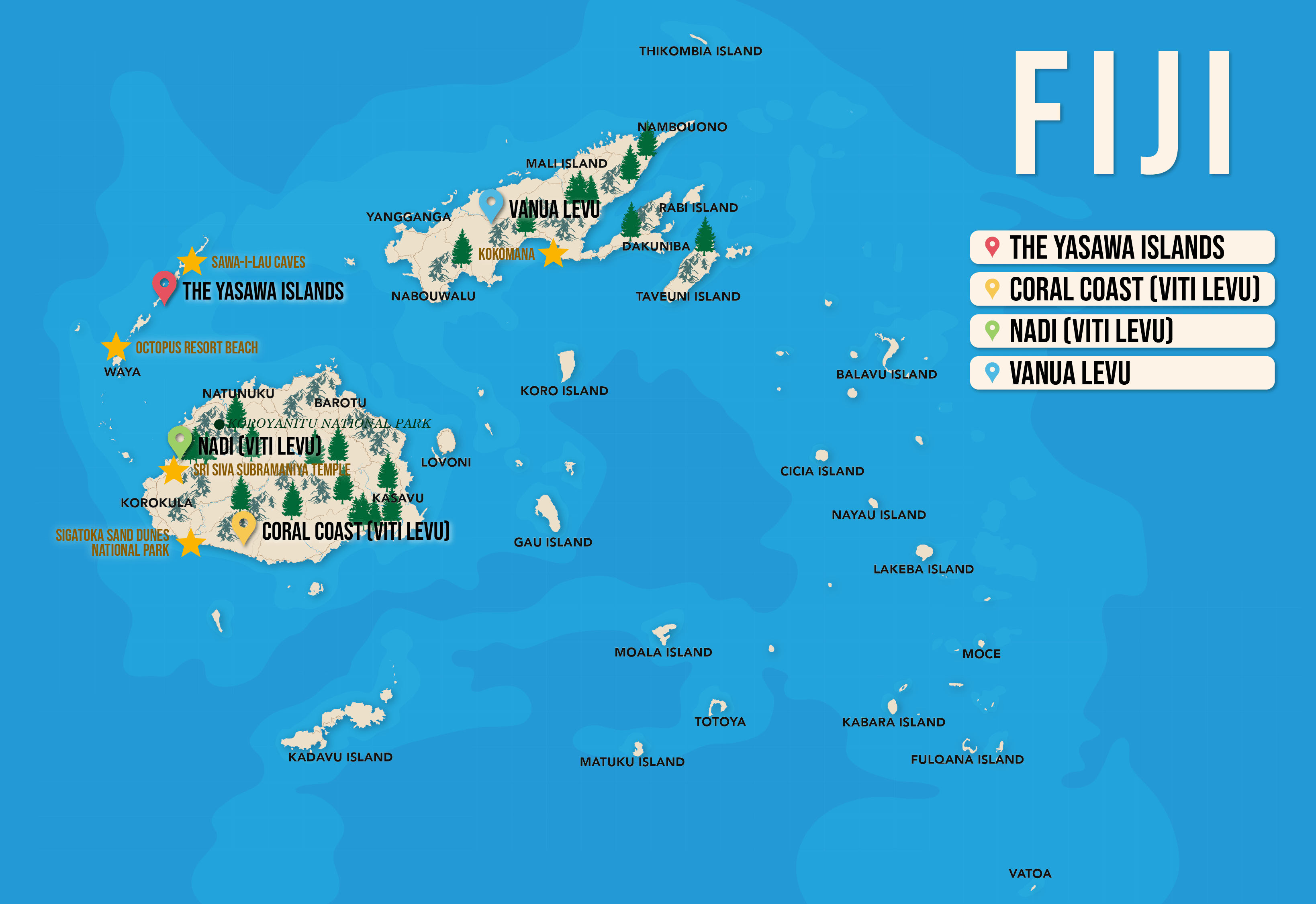 Where to Stay in Fiji map in vector format featuring the best areas of town