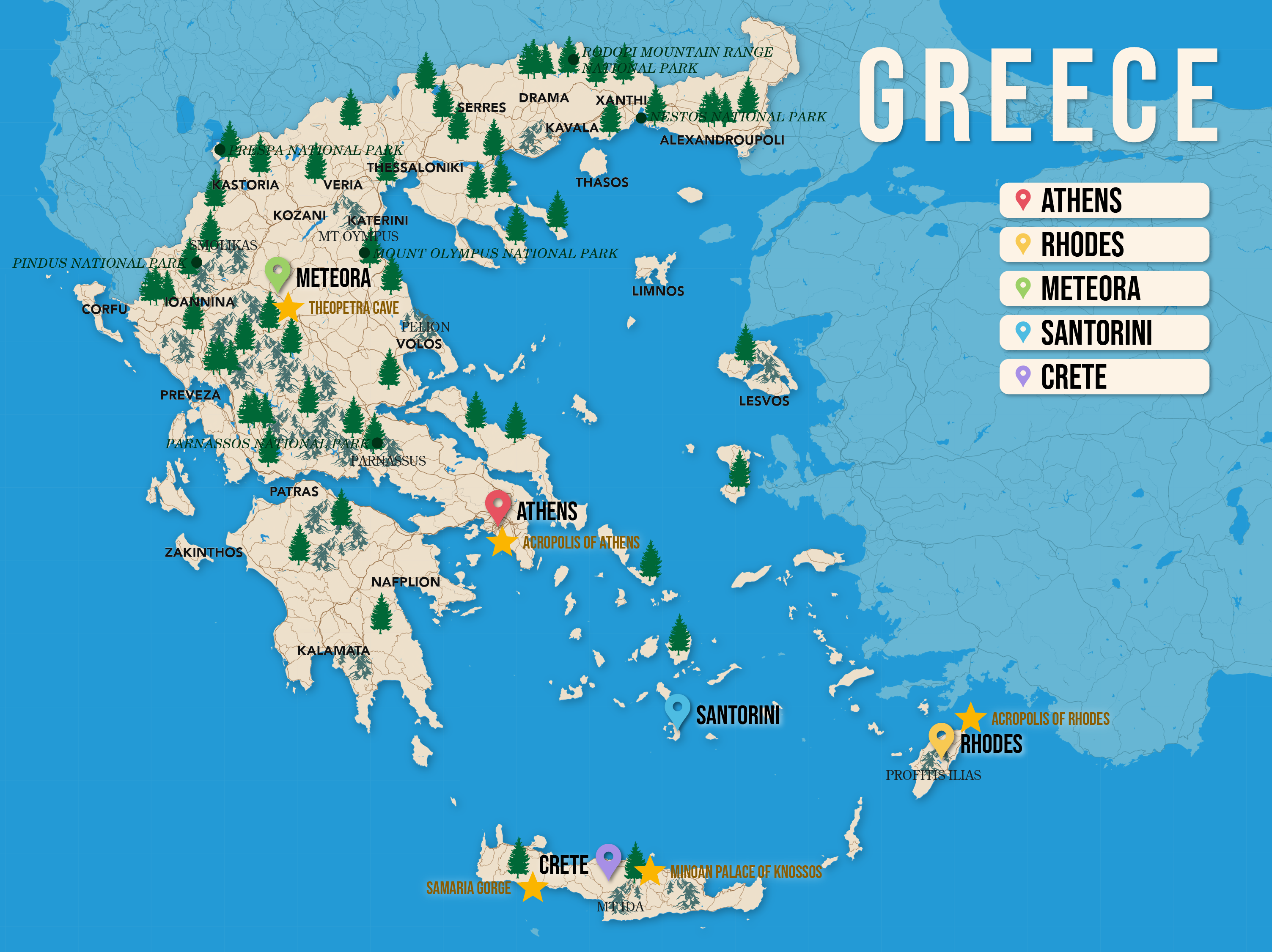 Where to Stay in Greece map in vector format featuring the best areas of town