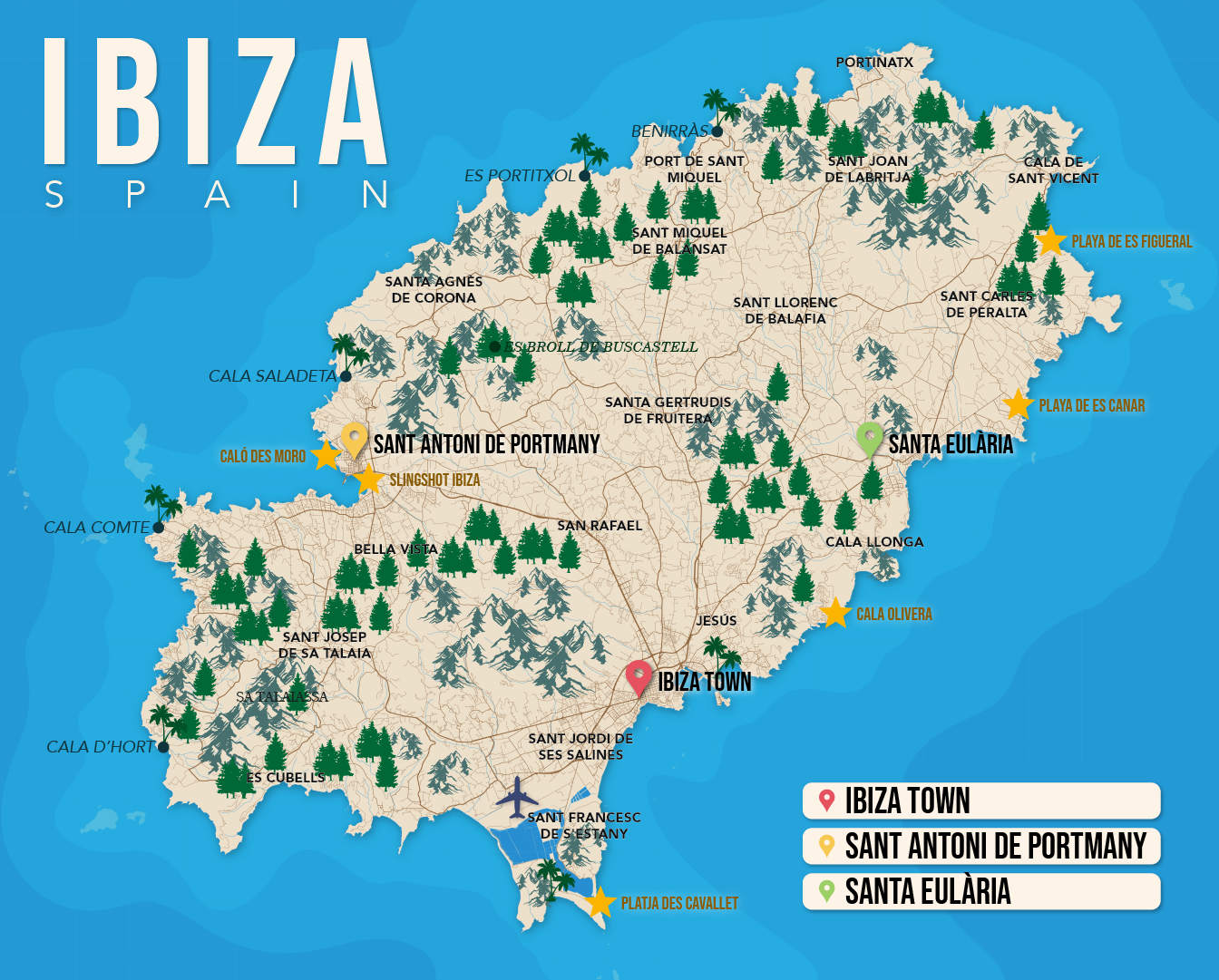 Where to Stay in Ibiza map in vector format featuring the best areas of town