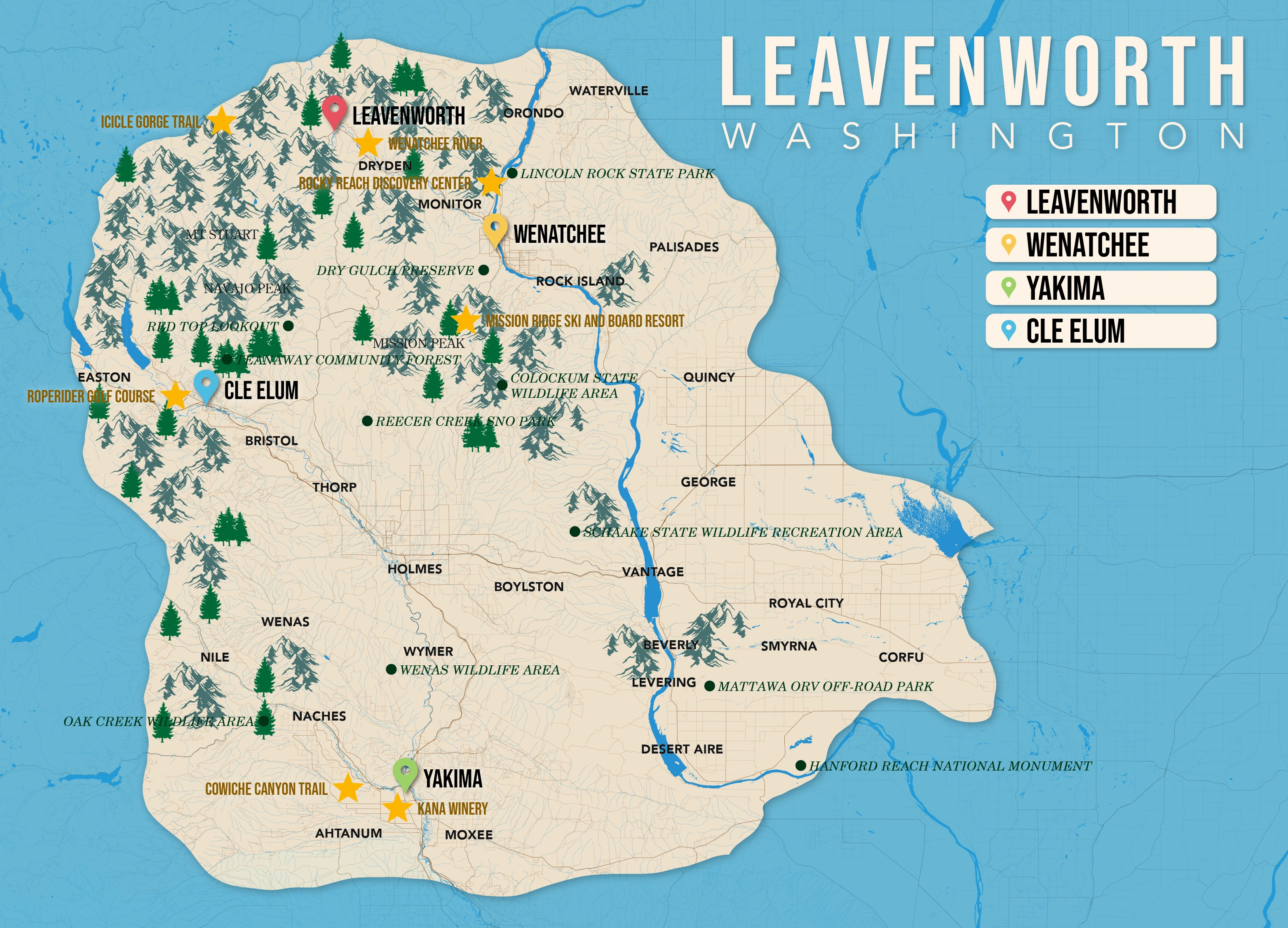 Where to Stay in Leavenworth WA map in vector format featuring the best areas of town