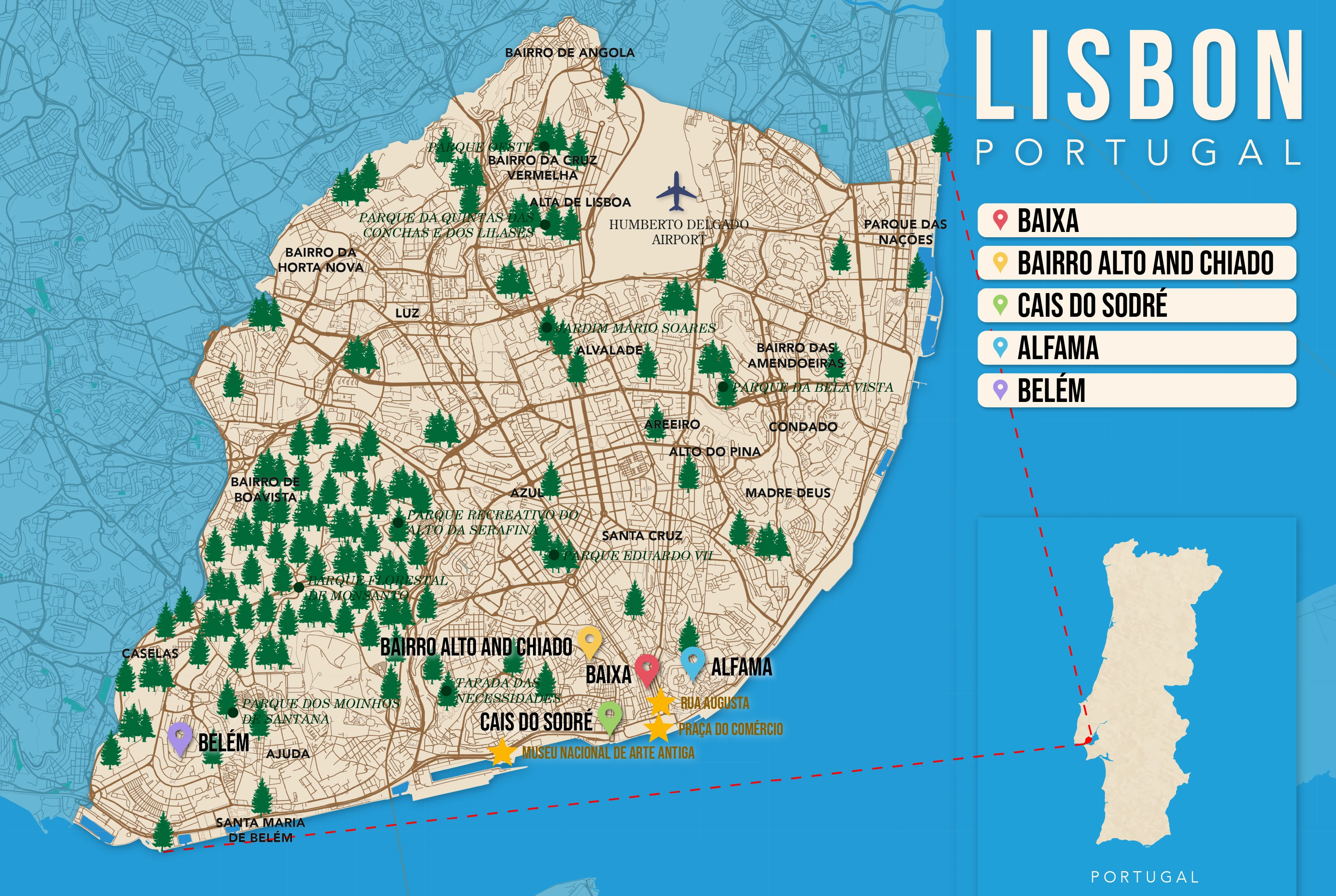 Where to Stay in Lisbon map in vector format featuring the best areas of town