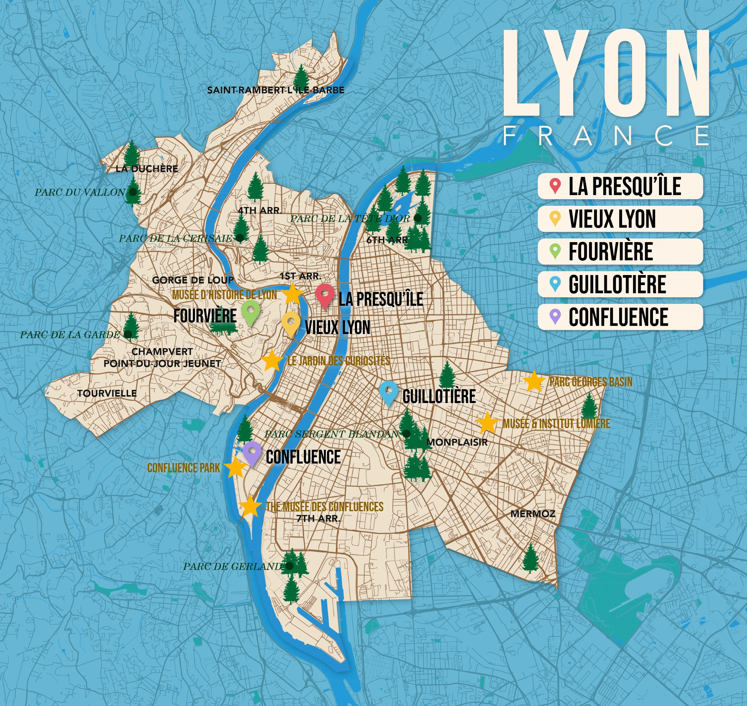 Where to Stay in Lyon map in vector format featuring the best areas of town