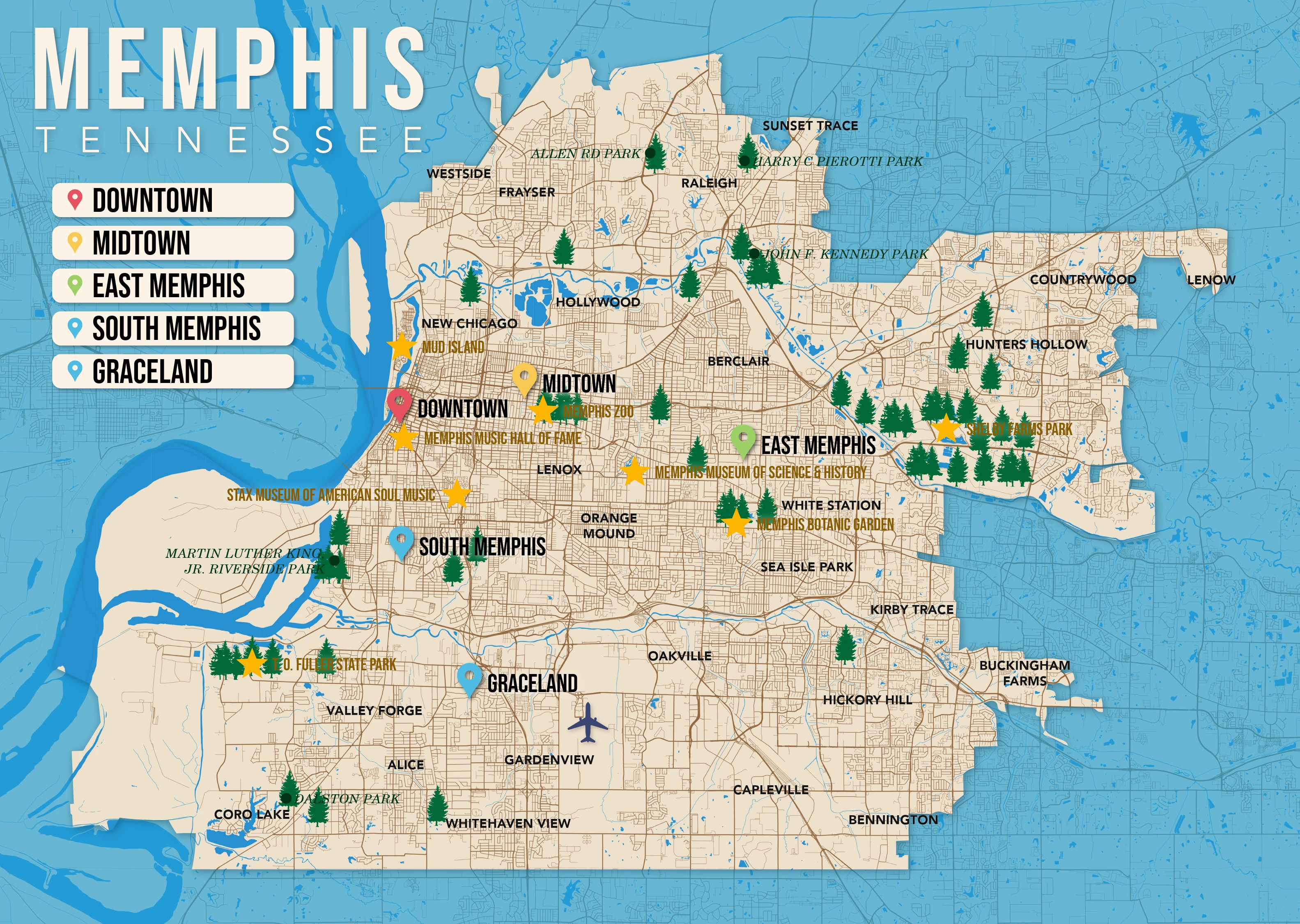 Where to Stay in Memphis map in vector format featuring the best areas of town