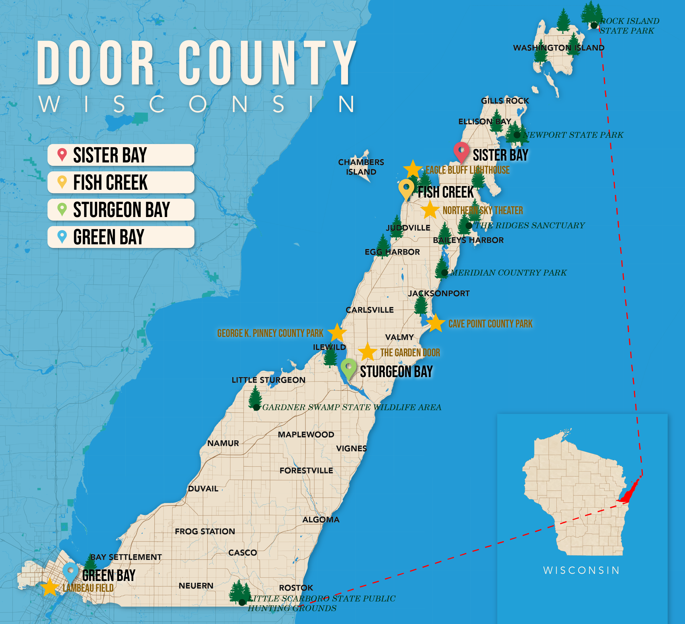Where to Stay in Door County map in vector format featuring the best areas of town