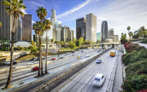 Cars driving down the street in a low-frame image of downtown Los Angeles