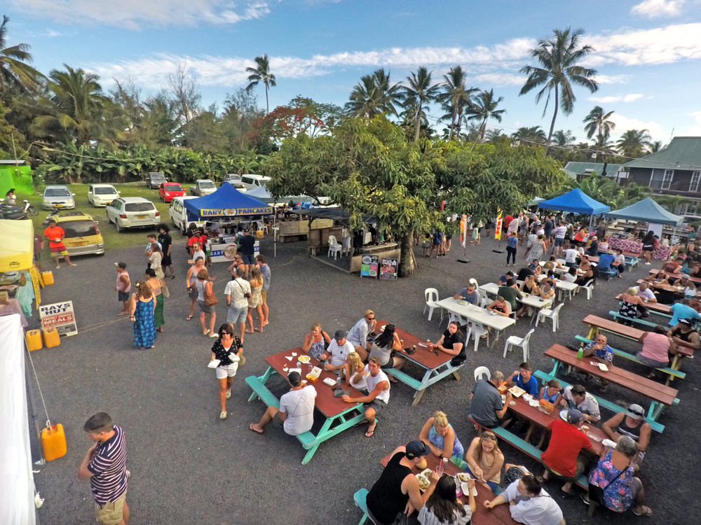Aerial view of a food truck sitting area in Rarotonga pictured for a piece on whether or not the Cook Islands are safe to visit