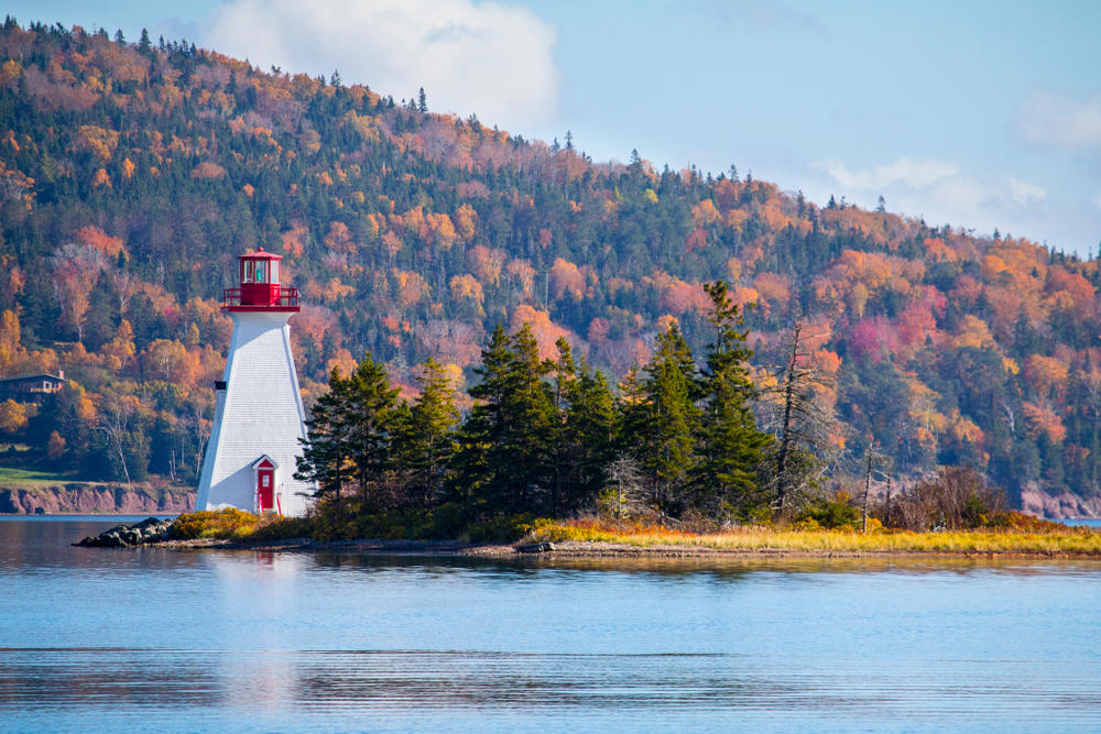 Picturesque white lighthouse in Nova Scotia pictured during the best time to take a trip there, in the Spring or fall