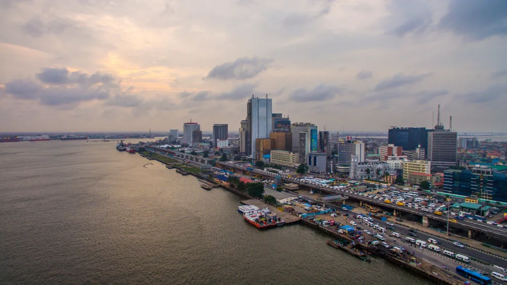 Aerial view of Lagos and the Lagos Marina on a cloudy day at sunset to indicate the worst time to visit Nigeria