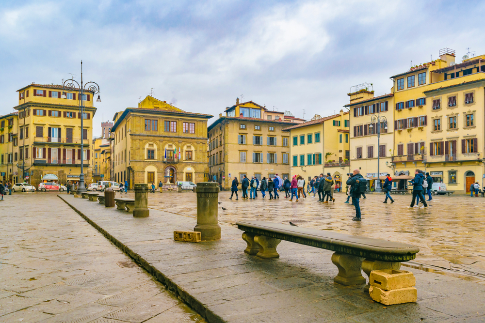 Photo of a winter day in Florence at the historic city center with its yellow buildings and snow melting all around the streets for a guide to the cheapest time to visit Florence