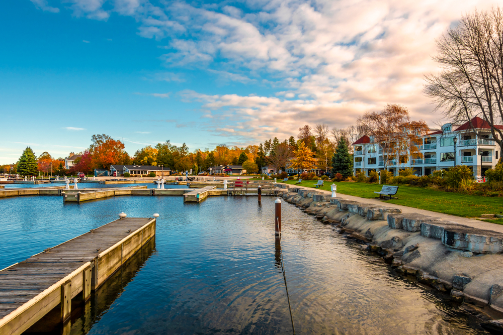 Photo of the harbor and a hotel overlooking Sister Bay, a top pick for a piece titled Where to Stay in Door County