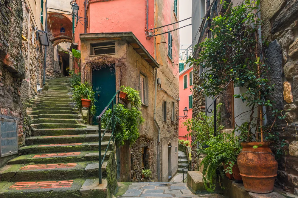 Quaint street view of Vernazza with stairs and plants growing during the best time to visit Cinque Terre