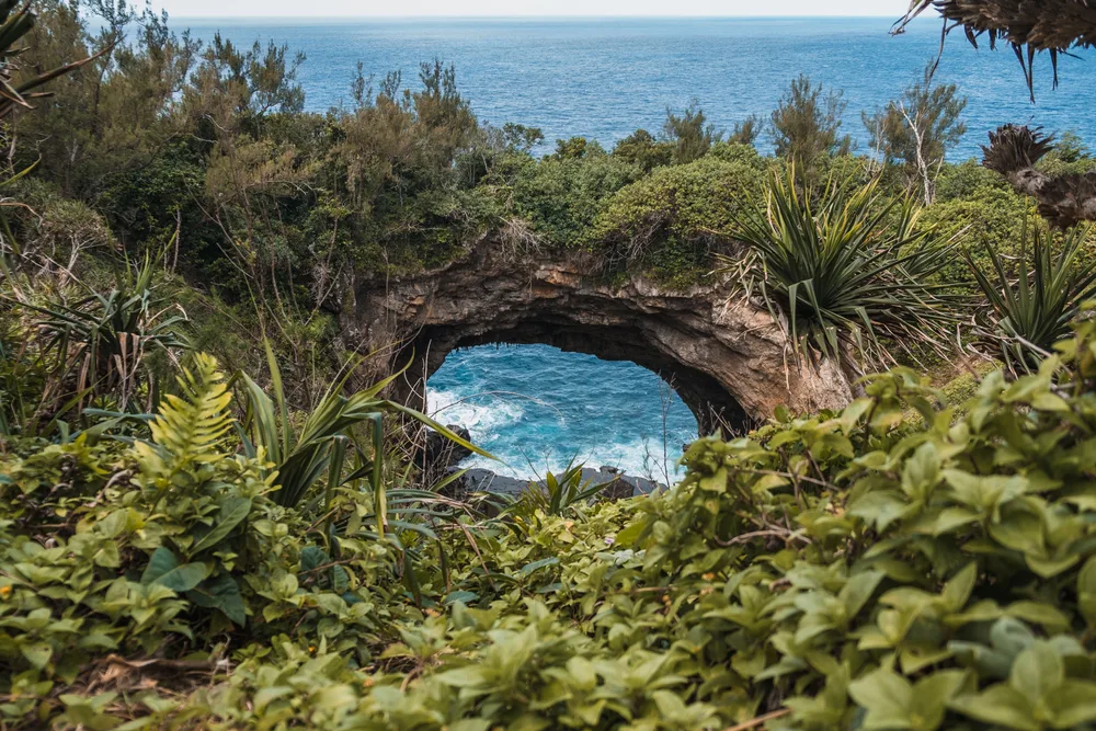 Lush vegetation covers a natural rock arch with a glimpse of the ocean during the best time to visit Tonga