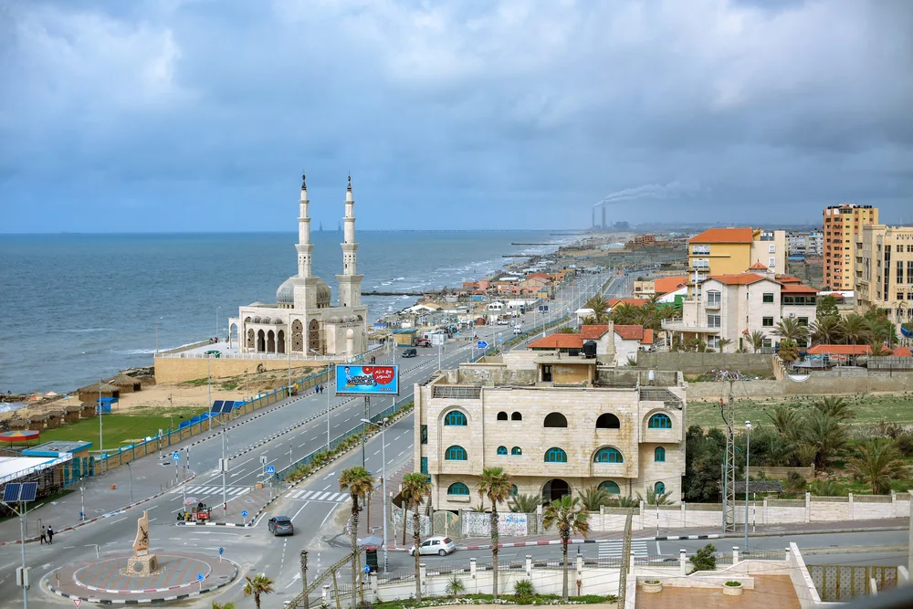 Aerial view of the Al Khalady Mosque on the Gaza Strip for a piece titled Is Palestine Safe to Visit