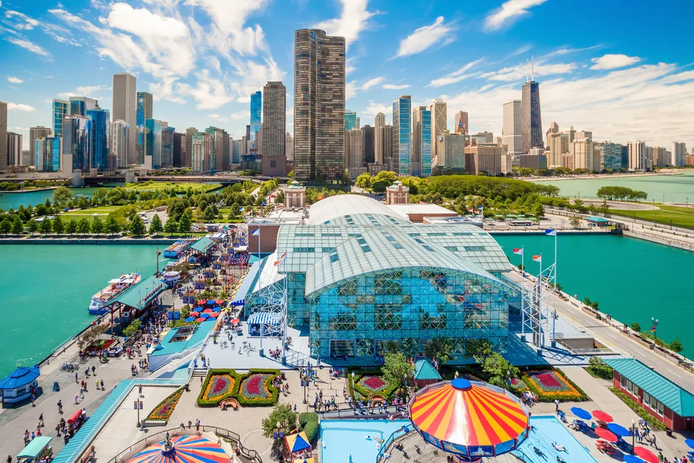 Aerial view of the Streeterville area, one of the best parts of Chicago in which to stay, pictured with the Centennial Wheel and the Navy Pier below
