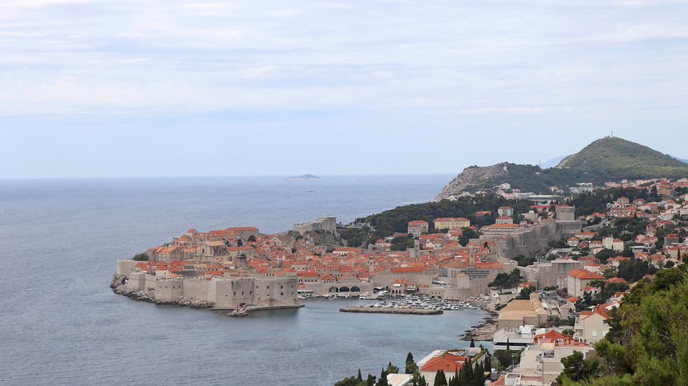 Aerial view of the Old City of Dubrovnik during an overcast day in the rainy season, the worst time to visit Dubrovnik