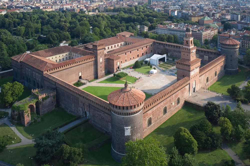 Aerial view of Sforza Castle from the medieval period during the spring or early summer, the best time to visit Milan